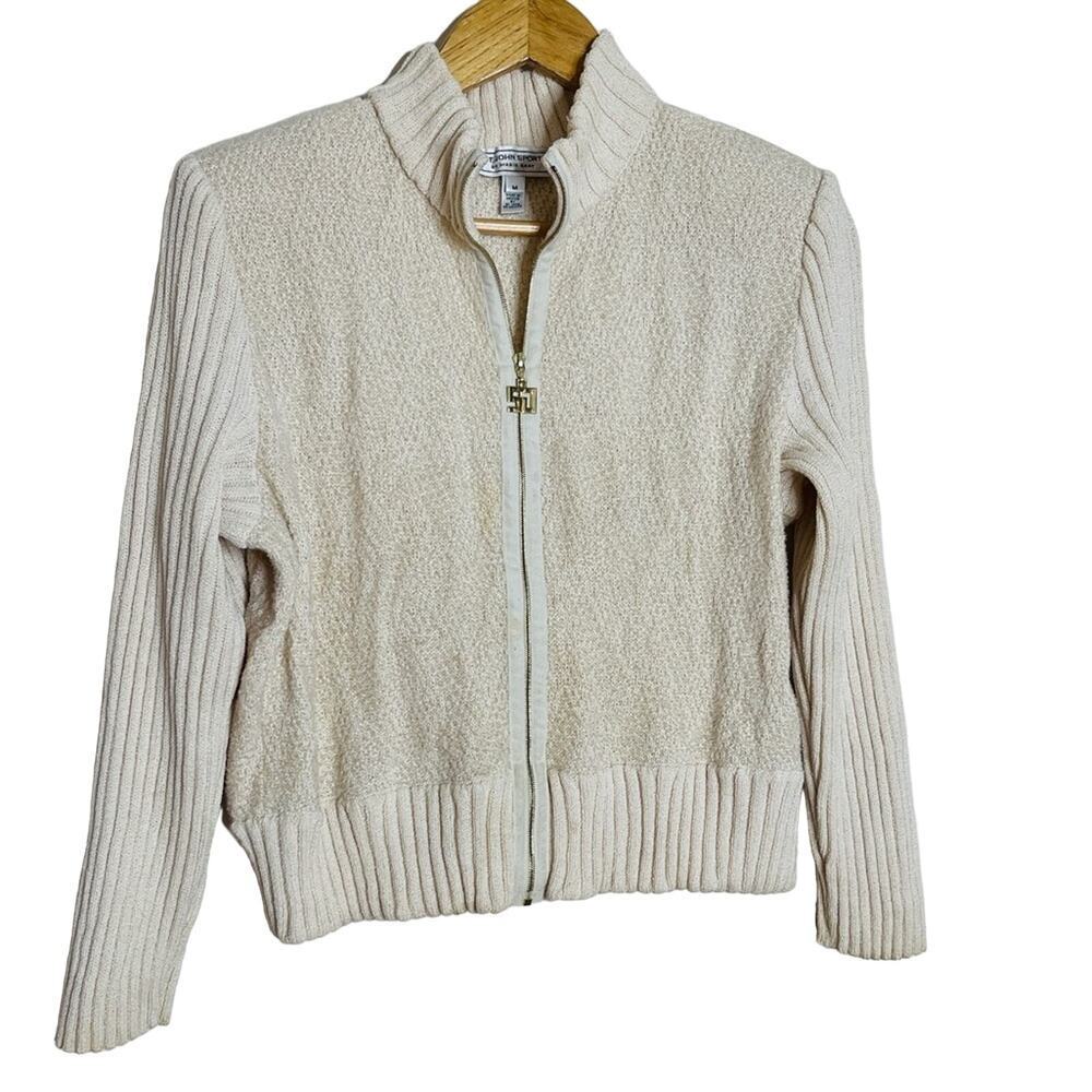 St. John Sport By Marie Gray Wool Blend Metallic Cardigan Sweater Cream Size M